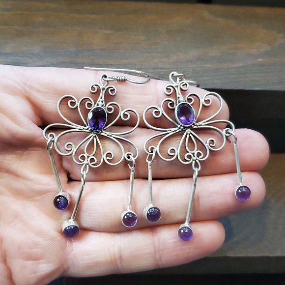 Jewelry - 925 Sterling Silver Unique Tarnished Amethyst Gemstone Earrings